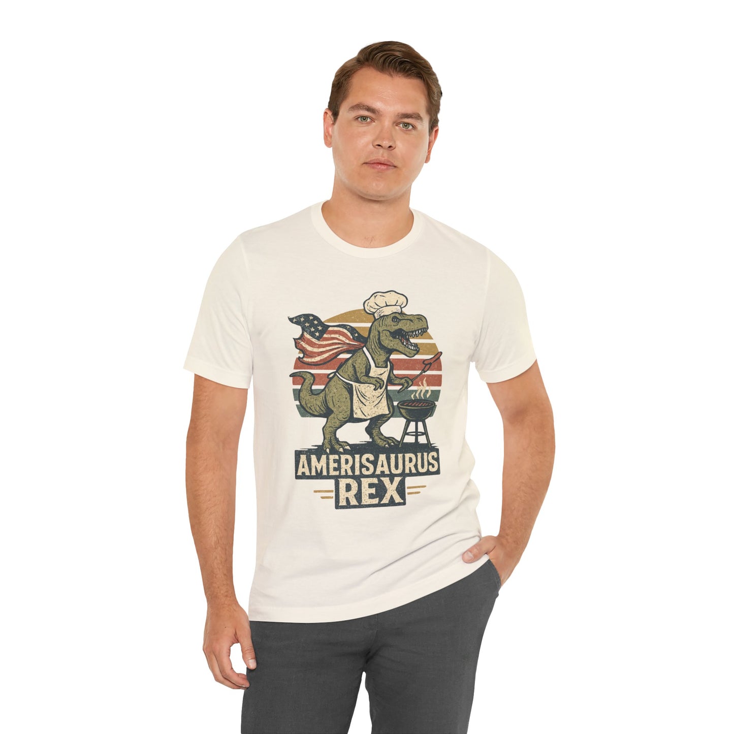 Amerisaurus Rex BBQ T-Shirt – Patriotic Grilling Dino Tee