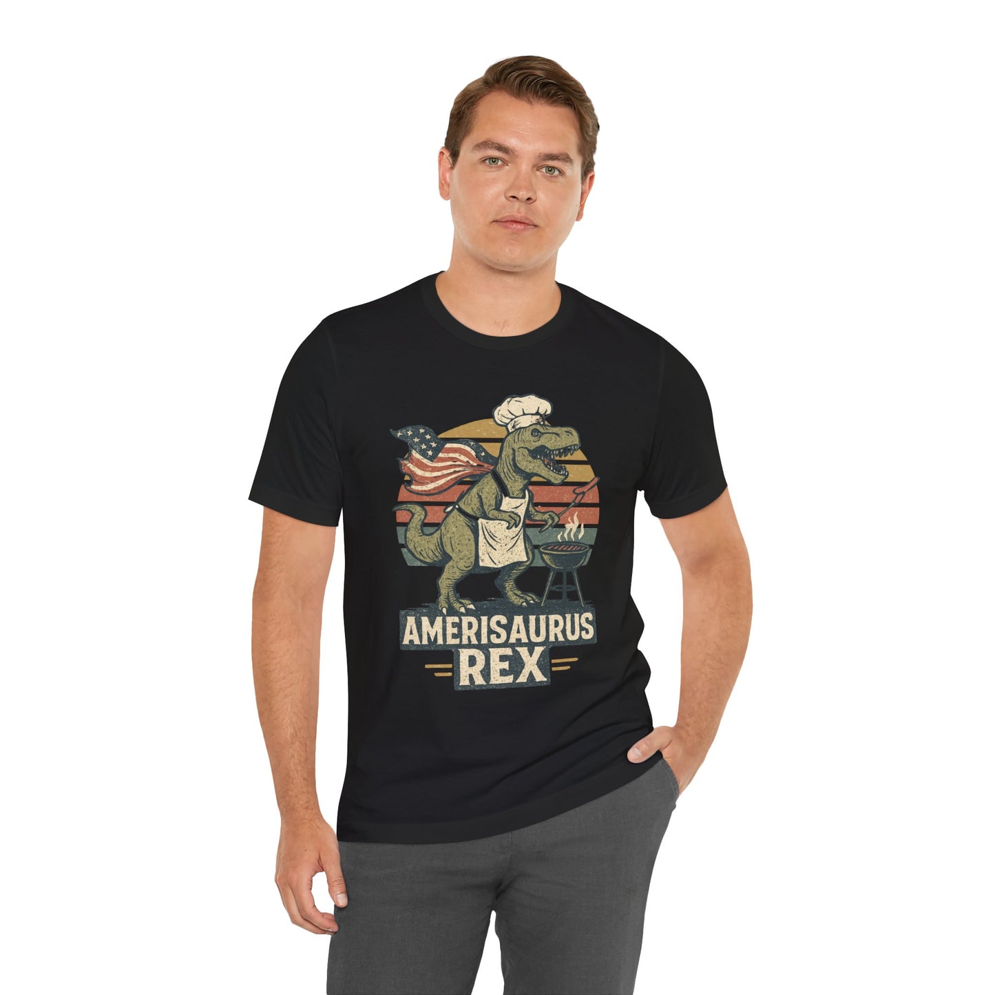 Amerisaurus Rex BBQ T-Shirt – Patriotic Grilling Dino Tee