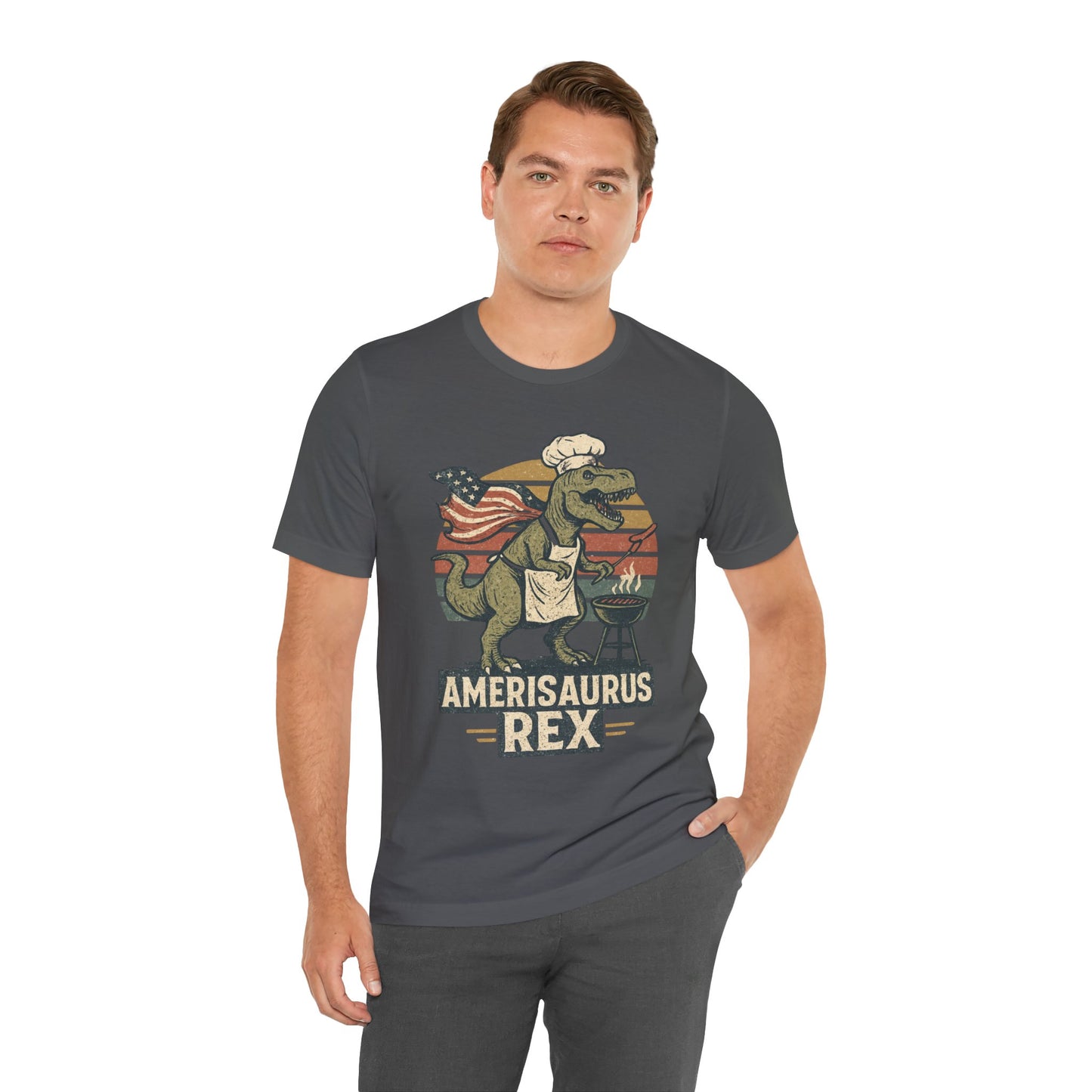 Amerisaurus Rex BBQ T-Shirt – Patriotic Grilling Dino Tee